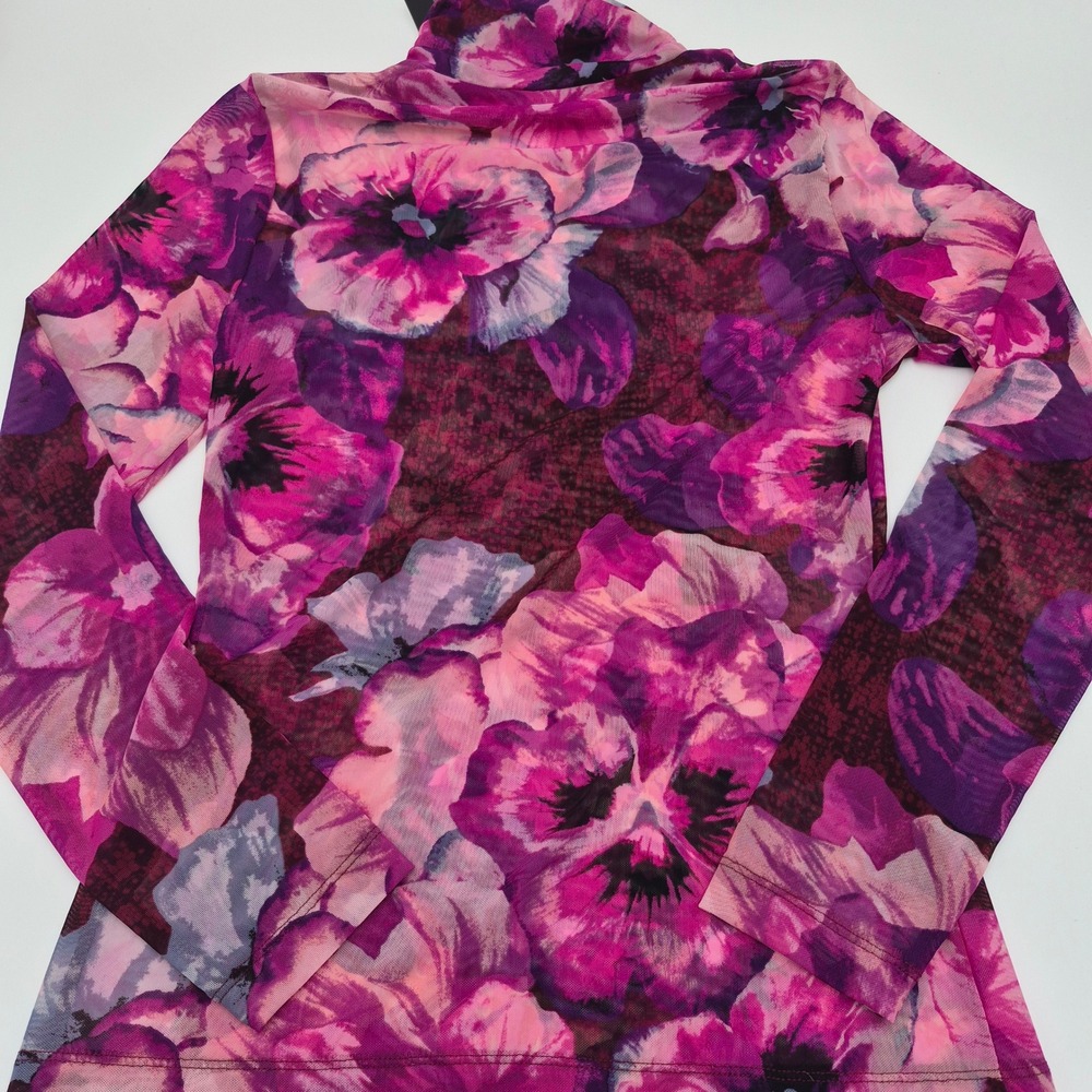 White House Black Market Mesh Turtleneck Floral Pansy Top Purple Small 570353360 - Picture 3 of 6
